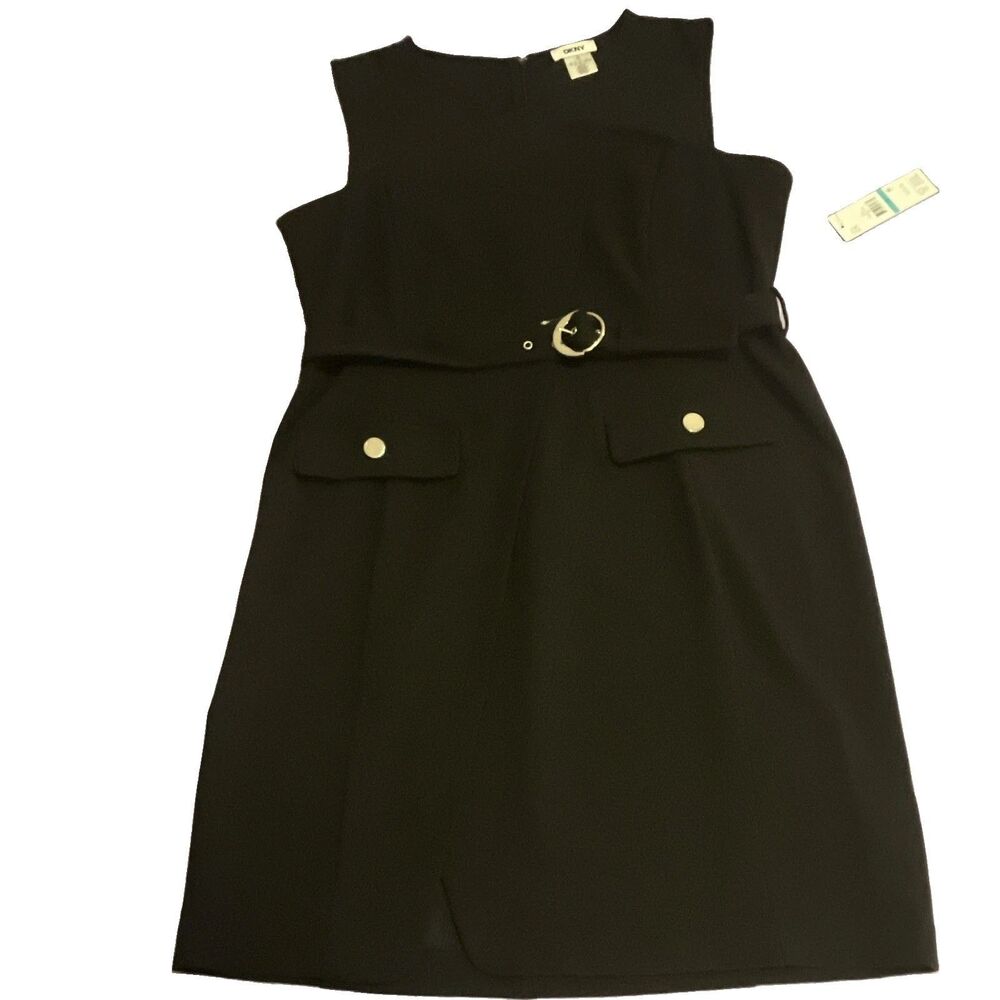 DKNY Women's 16 Black Sleeveless Scoop Neck Belted Zip dress